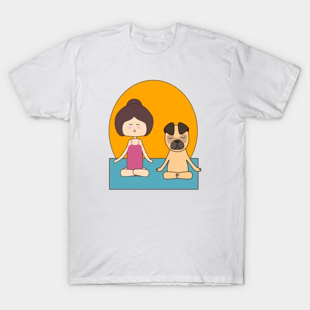 Yoga girl meditating with her pug in the sunrise T-Shirt by Ralph Hovsepian